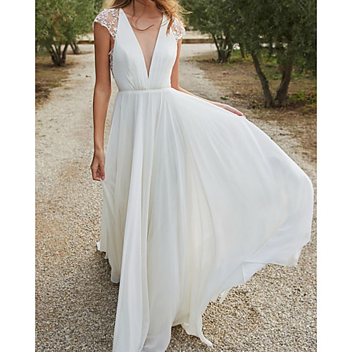 A-Line Wedding Dresses V Neck Sweep / Brush Train Chiffon Lace Sleeveless Simple Beach with Pleats 2021
A-Line Wedding Dresses V Neck Sweep / Brush Train Chiffon Lace Sleeveless Simple Beach with Pleats 2021
