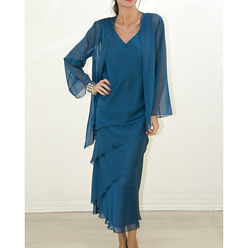 Two Piece Sheath / Column Mother of the Bride Dress Elegant V Neck Tea Length Chiffon Long Sleeve with Ruffles 2021
Two Piece Sheath / Column Mother of the Bride Dress Elegant V Neck Tea Length Chiffon Long Sleeve with Ruffles 2021