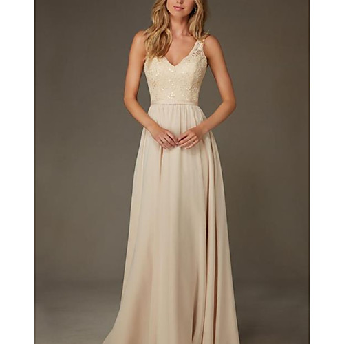 Sheath / Column V Neck Floor Length Chiffon / Lace Bridesmaid Dress with Pleats
Sheath / Column V Neck Floor Length Chiffon / Lace Bridesmaid Dress with Pleats