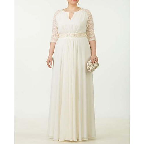 Sheath / Column Mother of the Bride Dress Plus Size Elegant V Neck Floor Length Chiffon Lace 3/4 Length Sleeve with Ruffles Appliques 2021
Sheath / Column Mother of the Bride Dress Plus Size Elegant V Neck Floor Length Chiffon Lace 3/4 Length Sleeve with Ruffles Appliques 2021