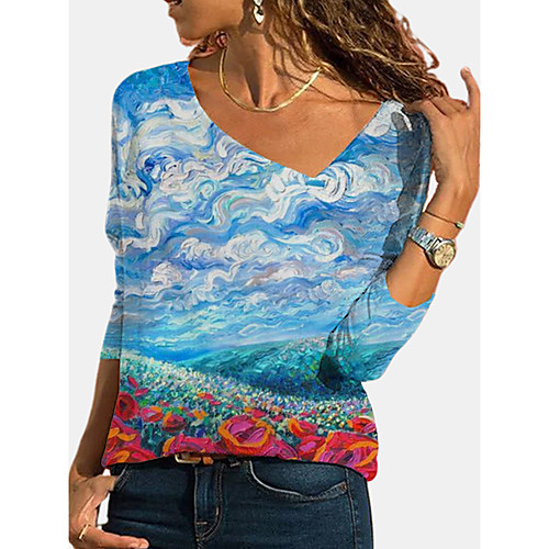 Women's T shirt Graphic Scenery Long Sleeve Print Diagonal Neck Tops Basic Basic Top Blue Red Green
Women's T shirt Graphic Scenery Long Sleeve Print Diagonal Neck Tops Basic Basic Top Blue Red Green