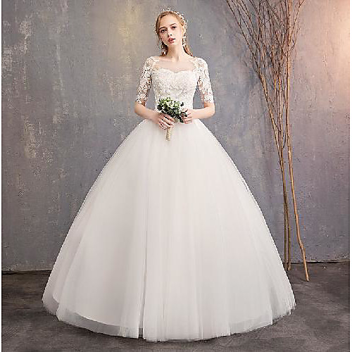 Princess Ball Gown Wedding Dresses Jewel Neck Floor Length Lace Tulle Short Sleeve Formal Romantic Elegant with Pleats Appliques 2021
Princess Ball Gown Wedding Dresses Jewel Neck Floor Length Lace Tulle Short Sleeve Formal Romantic Elegant with Pleats Appliques 2021