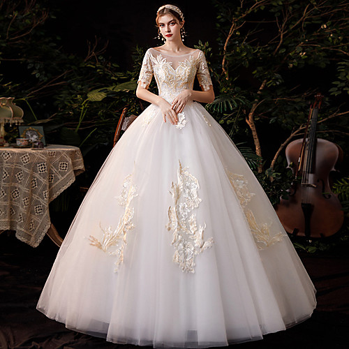 Princess Ball Gown Wedding Dresses Jewel Neck Floor Length Lace Tulle Half Sleeve Formal Romantic with Appliques 2021
Princess Ball Gown Wedding Dresses Jewel Neck Floor Length Lace Tulle Half Sleeve Formal Romantic with Appliques 2021