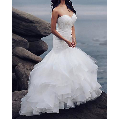 Mermaid / Trumpet Wedding Dresses Strapless Sweep / Brush Train Organza Tulle Sleeveless Country Sexy with Cascading Ruffles 2021
Mermaid / Trumpet Wedding Dresses Strapless Sweep / Brush Train Organza Tulle Sleeveless Country Sexy with Cascading Ruffles 2021