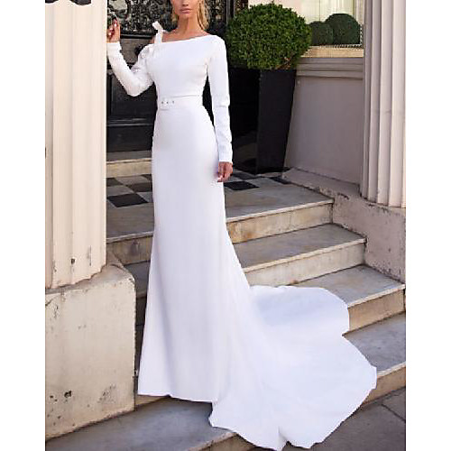 Sheath / Column Wedding Dresses Jewel Neck Sweep / Brush Train Satin Long Sleeve Country Simple with Sashes / Ribbons Split Front 2021
Sheath / Column Wedding Dresses Jewel Neck Sweep / Brush Train Satin Long Sleeve Country Simple with Sashes / Ribbons Split Front 2021
