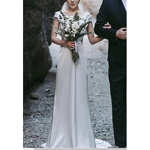 Sheath / Column Wedding Dresses V Neck Sweep / Brush Train Lace Italy Satin Cap Sleeve Romantic with Pleats Appliques 2021
Sheath / Column Wedding Dresses V Neck Sweep / Brush Train Lace Italy Satin Cap Sleeve Romantic with Pleats Appliques 2021