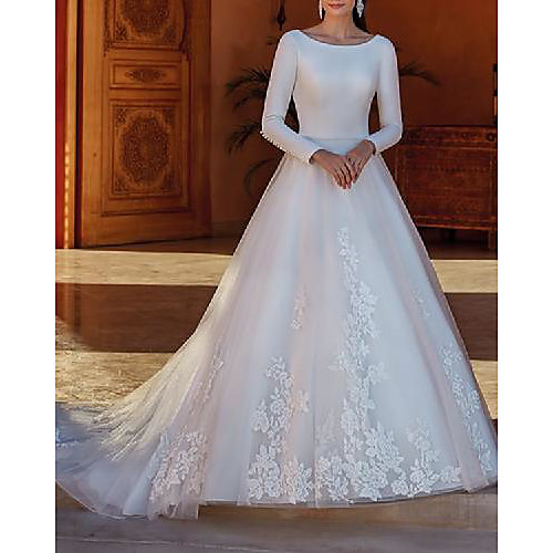 A-Line Wedding Dresses Jewel Neck Court Train Lace Satin Tulle Long Sleeve Country Formal with Appliques 2021
A-Line Wedding Dresses Jewel Neck Court Train Lace Satin Tulle Long Sleeve Country Formal with Appliques 2021