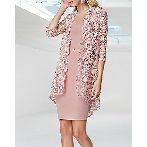 Two Piece Sheath / Column Mother of the Bride Dress Elegant V Neck Knee Length Lace Stretch Fabric Half Sleeve with Sash / Ribbon Appliques 2021
Two Piece Sheath / Column Mother of the Bride Dress Elegant V Neck Knee Length Lace Stretch Fabric Half Sleeve with Sash / Ribbon Appliques 2021