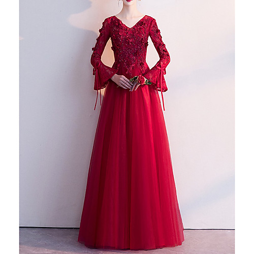 A-Line Elegant Floral Wedding Guest Formal Evening Dress V Neck Long Sleeve Floor Length Lace Tulle with Bow(s) Appliques 2021
A-Line Elegant Floral Wedding Guest Formal Evening Dress V Neck Long Sleeve Floor Length Lace Tulle with Bow(s) Appliques 2021