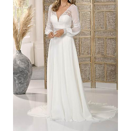 A-Line Wedding Dresses V Neck Floor Length Chiffon Long Sleeve Country Simple with Lace 2021
A-Line Wedding Dresses V Neck Floor Length Chiffon Long Sleeve Country Simple with Lace 2021