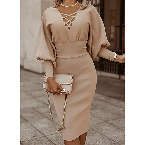 Women's Sweater Jumper Dress Midi Dress Khaki Long Sleeve Solid Color Patchwork Fall Winter V Neck Casual 2021 S M L XL XXL
Women's Sweater Jumper Dress Midi Dress Khaki Long Sleeve Solid Color Patchwork Fall Winter V Neck Casual 2021 S M L XL XXL