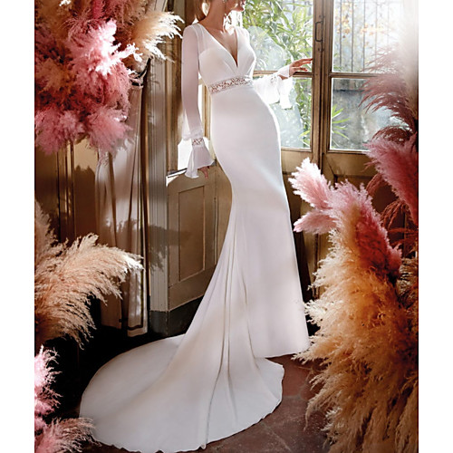 Sheath / Column Wedding Dresses V Neck Chapel Train Chiffon Lace Long Sleeve Country Simple Beach with 2021
Sheath / Column Wedding Dresses V Neck Chapel Train Chiffon Lace Long Sleeve Country Simple Beach with 2021