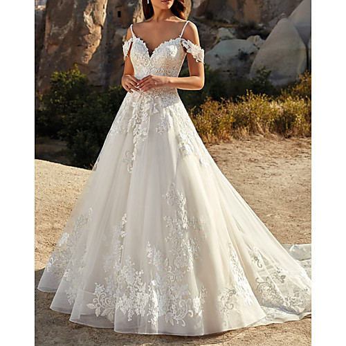 A-Line Wedding Dresses V Neck Sweep / Brush Train Lace Tulle Sleeveless Country Romantic with Pleats Appliques 2021
A-Line Wedding Dresses V Neck Sweep / Brush Train Lace Tulle Sleeveless Country Romantic with Pleats Appliques 2021