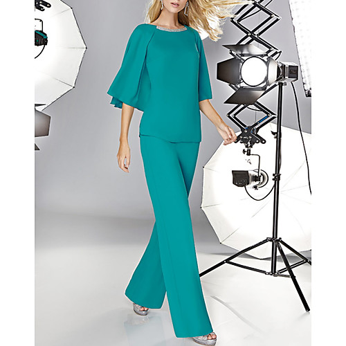 Two Piece Pantsuit / Jumpsuit Mother of the Bride Dress Elegant Jewel Neck Floor Length Chiffon Half Sleeve with Pleats 2021
Two Piece Pantsuit / Jumpsuit Mother of the Bride Dress Elegant Jewel Neck Floor Length Chiffon Half Sleeve with Pleats 2021