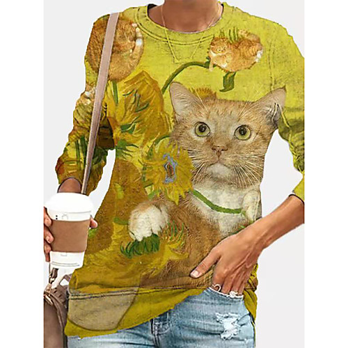 Women's T shirt Cat Floral Long Sleeve Print Round Neck Tops Basic Basic Top Yellow
Women's T shirt Cat Floral Long Sleeve Print Round Neck Tops Basic Basic Top Yellow