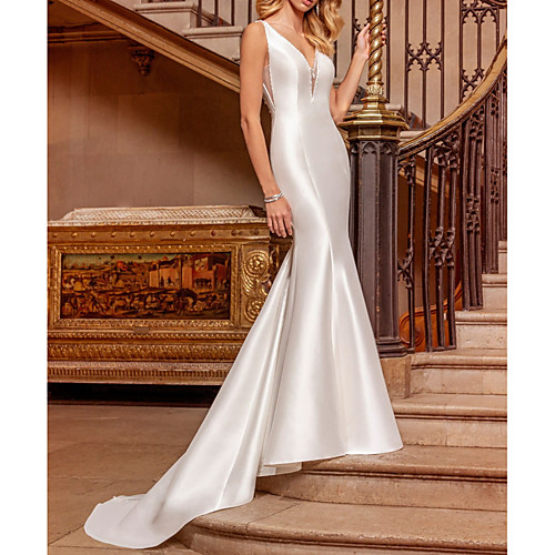 Mermaid / Trumpet Wedding Dresses V Neck Sweep / Brush Train Satin Sleeveless Simple with 2021
Mermaid / Trumpet Wedding Dresses V Neck Sweep / Brush Train Satin Sleeveless Simple with 2021