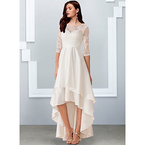 A-Line Wedding Dresses Jewel Neck Asymmetrical Chiffon Lace Half Sleeve Simple Beach with Cascading Ruffles 2021
A-Line Wedding Dresses Jewel Neck Asymmetrical Chiffon Lace Half Sleeve Simple Beach with Cascading Ruffles 2021