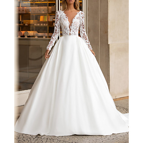 A-Line Wedding Dresses V Neck Floor Length Lace Satin Long Sleeve Country with 2021
A-Line Wedding Dresses V Neck Floor Length Lace Satin Long Sleeve Country with 2021