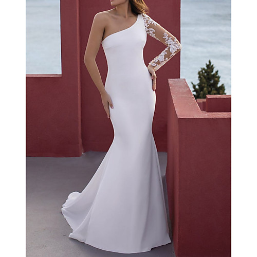 Mermaid / Trumpet Wedding Dresses One Shoulder Floor Length Lace Stretch Satin Long Sleeve Simple Beach with Appliques 2021
Mermaid / Trumpet Wedding Dresses One Shoulder Floor Length Lace Stretch Satin Long Sleeve Simple Beach with Appliques 2021