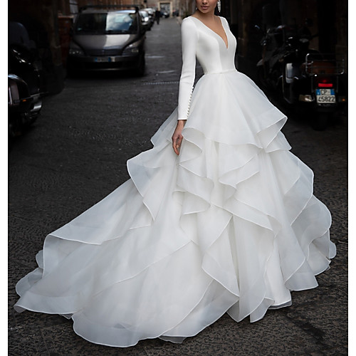 A-Line Wedding Dresses V Neck Court Train Organza Satin Long Sleeve Formal Luxurious with Pick Up Skirt Cascading Ruffles 2021
A-Line Wedding Dresses V Neck Court Train Organza Satin Long Sleeve Formal Luxurious with Pick Up Skirt Cascading Ruffles 2021