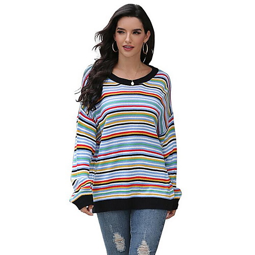 Women's Striped Pullover Acrylic Fibers Long Sleeve Sweater Cardigans Crew Neck Fall Winter White Black Blue
Women's Striped Pullover Acrylic Fibers Long Sleeve Sweater Cardigans Crew Neck Fall Winter White Black Blue
