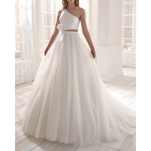 Two Piece A-Line Wedding Dresses One Shoulder Court Train Satin Tulle Sleeveless Romantic Simple with Bow(s) 2021
Two Piece A-Line Wedding Dresses One Shoulder Court Train Satin Tulle Sleeveless Romantic Simple with Bow(s) 2021