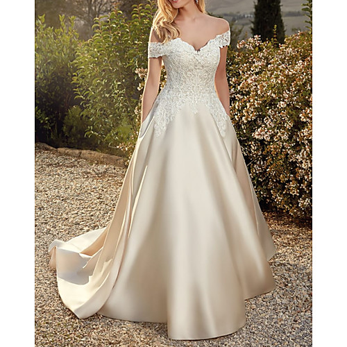 A-Line Wedding Dresses Off Shoulder Floor Length Lace Satin Sleeveless Country Romantic with Appliques 2021
A-Line Wedding Dresses Off Shoulder Floor Length Lace Satin Sleeveless Country Romantic with Appliques 2021