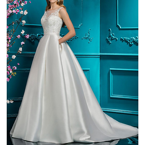 A-Line Wedding Dresses Jewel Neck Sweep / Brush Train Lace Satin Sleeveless Simple with Pleats 2021
A-Line Wedding Dresses Jewel Neck Sweep / Brush Train Lace Satin Sleeveless Simple with Pleats 2021