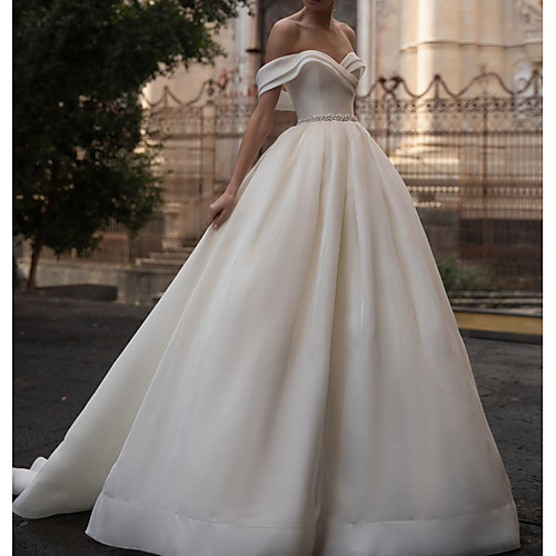A-Line Wedding Dresses Off Shoulder Court Train Satin Sleeveless Country Formal with Ruched Crystal Brooch 2021
A-Line Wedding Dresses Off Shoulder Court Train Satin Sleeveless Country Formal with Ruched Crystal Brooch 2021