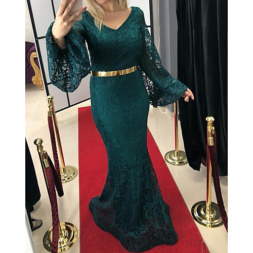 Mermaid / Trumpet Vintage Sexy Engagement Formal Evening Dress V Neck Long Sleeve Sweep / Brush Train Lace with Sash / Ribbon 2021
Mermaid / Trumpet Vintage Sexy Engagement Formal Evening Dress V Neck Long Sleeve Sweep / Brush Train Lace with Sash / Ribbon 2021