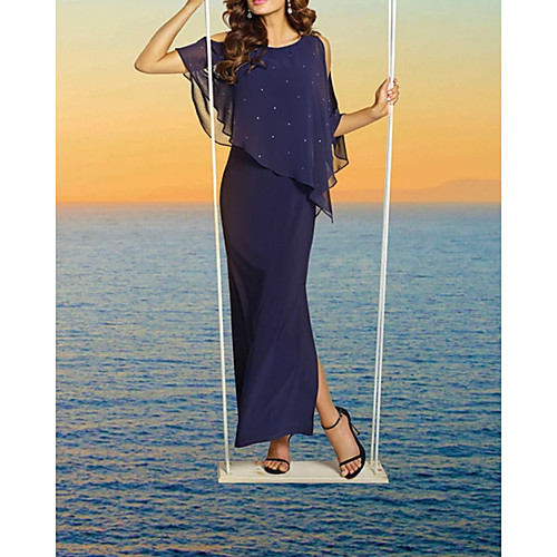 Sheath / Column Glittering Elegant Wedding Guest Formal Evening Dress Jewel Neck Short Sleeve Ankle Length Chiffon with Split 2021
Sheath / Column Glittering Elegant Wedding Guest Formal Evening Dress Jewel Neck Short Sleeve Ankle Length Chiffon with Split 2021