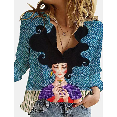 Women's Blouse Shirt Portrait Long Sleeve Print Shirt Collar Tops Blue Green
Women's Blouse Shirt Portrait Long Sleeve Print Shirt Collar Tops Blue Green