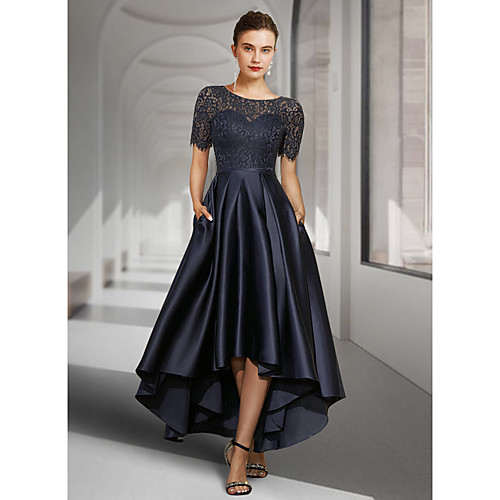 A-Line Mother of the Bride Dress Elegant Jewel Neck Asymmetrical Lace Satin Short Sleeve with Pleats 2021 / Illusion Sleeve
A-Line Mother of the Bride Dress Elegant Jewel Neck Asymmetrical Lace Satin Short Sleeve with Pleats 2021 / Illusion Sleeve