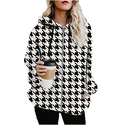 Women's Hoodied Jacket Sports Fall & Winter Long Coat Loose Jacket Long Sleeve Houndstooth Print Black
Women's Hoodied Jacket Sports Fall & Winter Long Coat Loose Jacket Long Sleeve Houndstooth Print Black