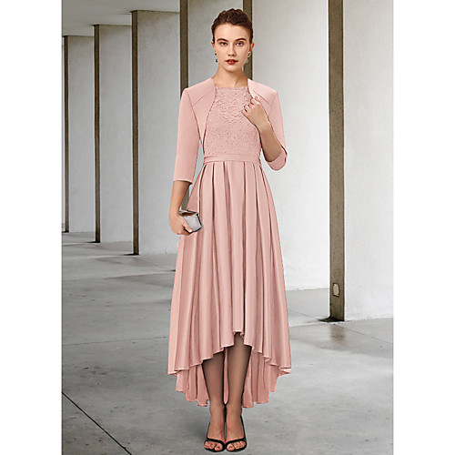 Sheath / Column Mother of the Bride Dress Elegant Vintage Jewel Neck Asymmetrical Lace Charmeuse 3/4 Length Sleeve with Sash / Ribbon Pleats 2021
Sheath / Column Mother of the Bride Dress Elegant Vintage Jewel Neck Asymmetrical Lace Charmeuse 3/4 Length Sleeve with Sash / Ribbon Pleats 2021