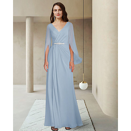 Sheath / Column Mother of the Bride Dress Elegant V Neck Ankle Length Chiffon Long Sleeve with Crystal Brooch Ruching 2021 / Split
Sheath / Column Mother of the Bride Dress Elegant V Neck Ankle Length Chiffon Long Sleeve with Crystal Brooch Ruching 2021 / Split