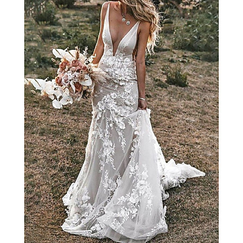 Mermaid / Trumpet Wedding Dresses Plunging Neck Sweep / Brush Train Lace Tulle Sleeveless Country Romantic Sexy with Appliques 2021
Mermaid / Trumpet Wedding Dresses Plunging Neck Sweep / Brush Train Lace Tulle Sleeveless Country Romantic Sexy with Appliques 2021