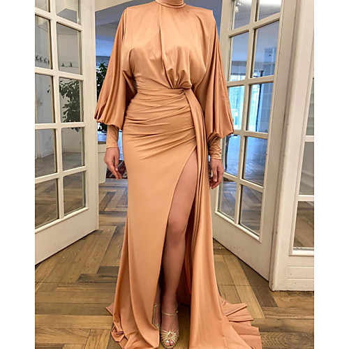 Sheath / Column Minimalist Elegant Engagement Prom Dress High Neck Long Sleeve Sweep / Brush Train Stretch Satin with Ruched Split 2021
Sheath / Column Minimalist Elegant Engagement Prom Dress High Neck Long Sleeve Sweep / Brush Train Stretch Satin with Ruched Split 2021