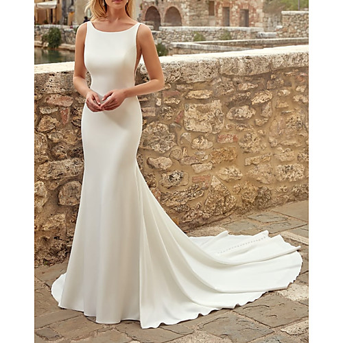 Mermaid / Trumpet Wedding Dresses Jewel Neck Sweep / Brush Train Italy Satin Sleeveless Country Simple with 2021
Mermaid / Trumpet Wedding Dresses Jewel Neck Sweep / Brush Train Italy Satin Sleeveless Country Simple with 2021