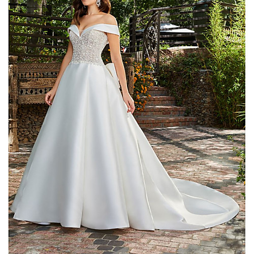 A-Line Wedding Dresses Off Shoulder Court Train Lace Satin Sleeveless Country Formal Luxurious with Bow(s) Appliques 2021
A-Line Wedding Dresses Off Shoulder Court Train Lace Satin Sleeveless Country Formal Luxurious with Bow(s) Appliques 2021