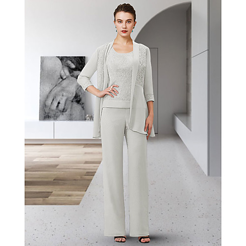 Pantsuit / Jumpsuit Mother of the Bride Dress Elegant Jewel Neck Ankle Length Chiffon Lace 3/4 Length Sleeve with Appliques 2021
Pantsuit / Jumpsuit Mother of the Bride Dress Elegant Jewel Neck Ankle Length Chiffon Lace 3/4 Length Sleeve with Appliques 2021