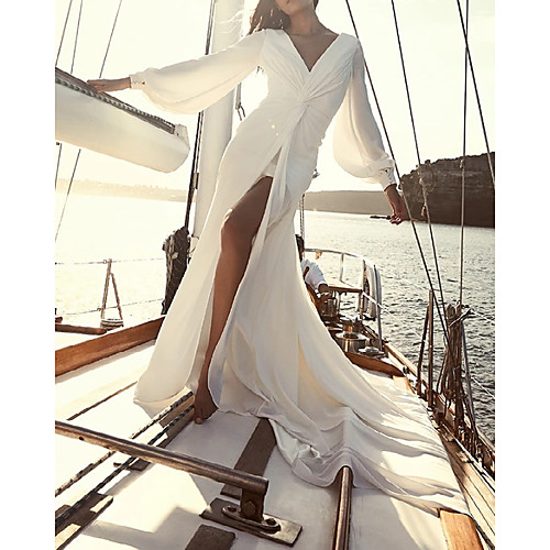 Sheath / Column Wedding Dresses V Neck Floor Length Chiffon Long Sleeve Simple Beach with 2021
Sheath / Column Wedding Dresses V Neck Floor Length Chiffon Long Sleeve Simple Beach with 2021
