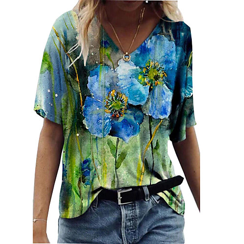 Women's Floral Theme Abstract Painting T shirt Floral Butterfly Animal Print V Neck Basic Tops Blue Green
Women's Floral Theme Abstract Painting T shirt Floral Butterfly Animal Print V Neck Basic Tops Blue Green