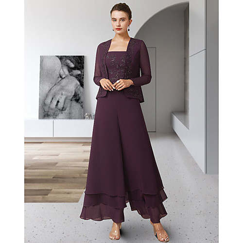 Pantsuit / Jumpsuit Mother of the Bride Dress Elegant Square Neck Ankle Length Chiffon Lace Sleeveless with Ruffles Appliques 2021
Pantsuit / Jumpsuit Mother of the Bride Dress Elegant Square Neck Ankle Length Chiffon Lace Sleeveless with Ruffles Appliques 2021