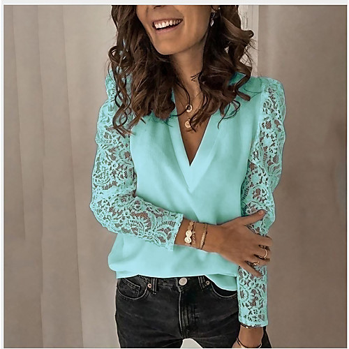 Women's Blouse Shirt Solid Colored Long Sleeve Lace V Neck Tops Chiffon Lace White Blue Blushing Pink
Women's Blouse Shirt Solid Colored Long Sleeve Lace V Neck Tops Chiffon Lace White Blue Blushing Pink