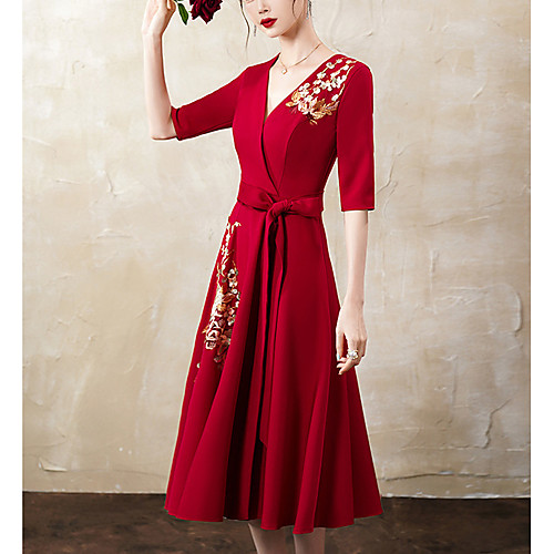 A-Line Elegant Vintage Wedding Guest Engagement Dress V Neck Half Sleeve Tea Length Jersey with Sash / Ribbon Appliques 2021
A-Line Elegant Vintage Wedding Guest Engagement Dress V Neck Half Sleeve Tea Length Jersey with Sash / Ribbon Appliques 2021