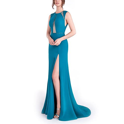 Sheath / Column Beautiful Back Sexy Engagement Formal Evening Dress Jewel Neck Sleeveless Sweep / Brush Train Stretch Satin with Split 2021
Sheath / Column Beautiful Back Sexy Engagement Formal Evening Dress Jewel Neck Sleeveless Sweep / Brush Train Stretch Satin with Split 2021