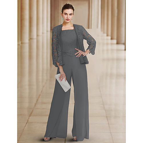 Pantsuit / Jumpsuit Mother of the Bride Dress Elegant Bateau Neck Ankle Length Chiffon Lace Sleeveless with Appliques 2021
Pantsuit / Jumpsuit Mother of the Bride Dress Elegant Bateau Neck Ankle Length Chiffon Lace Sleeveless with Appliques 2021