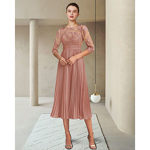 A-Line Mother of the Bride Dress Elegant Jewel Neck Tea Length Chiffon Lace 3/4 Length Sleeve with Sash / Ribbon Pleats Appliques 2021
A-Line Mother of the Bride Dress Elegant Jewel Neck Tea Length Chiffon Lace 3/4 Length Sleeve with Sash / Ribbon Pleats Appliques 2021