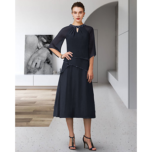 A-Line Mother of the Bride Dress Elegant Jewel Neck Tea Length Chiffon 3/4 Length Sleeve with Sequin Ruffles 2021
A-Line Mother of the Bride Dress Elegant Jewel Neck Tea Length Chiffon 3/4 Length Sleeve with Sequin Ruffles 2021